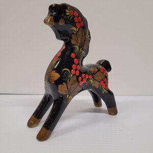 Wooden Hand Painted Russian Khokhloma 6'' Horse Figurine Folk Art Lacquered